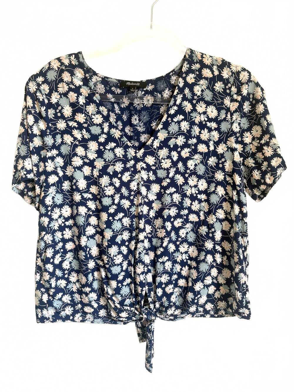 Madewell | Women’s Short Sleeve Front Tie Blue Pink White Floral V Blouse Size S